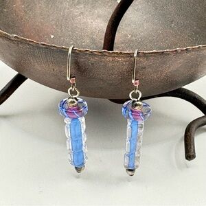Furnace Glass Dangle Earrings | Blue & Purple Artisan Beads Boho Handmade Style